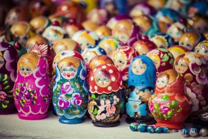 Colorful Russian nesting dolls matreshka at the market. Matrioshka Nesting dolls are the most popular souvenirs from Russia.