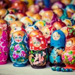Colorful Russian nesting dolls matreshka at the market. Matrioshka Nesting dolls are the most popular souvenirs from Russia.